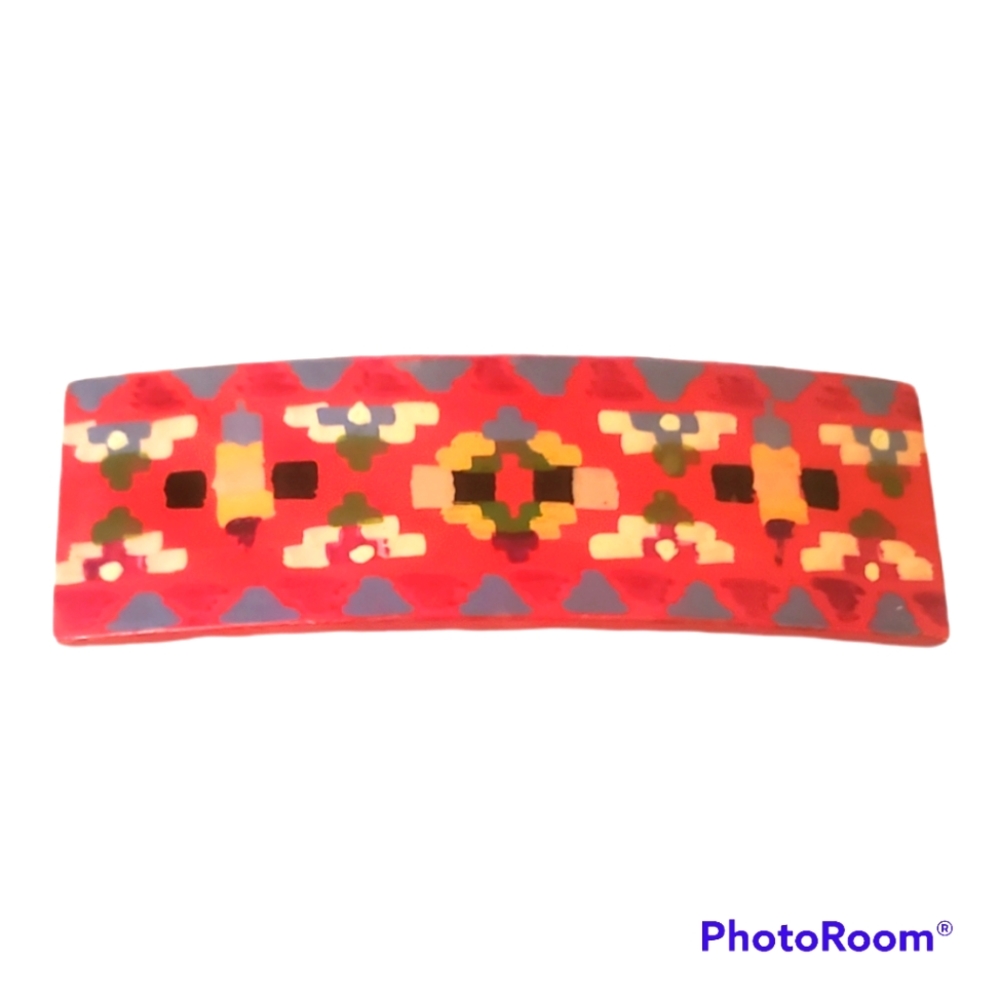 Vintage Wood Boho Hair Clip Barrette Handpainted 80's
